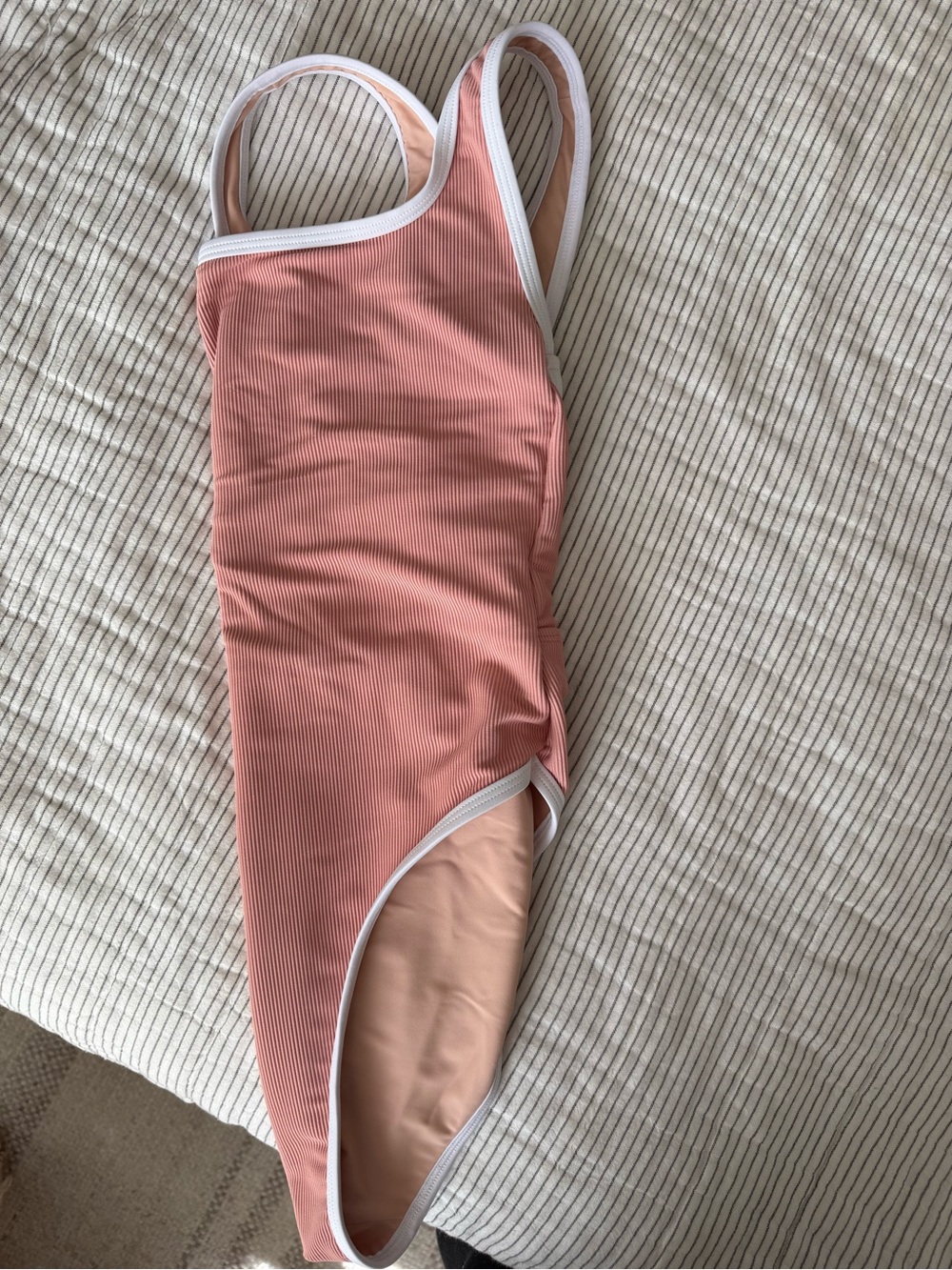 LainSnow Ribbed Dusty Rose One-Piece Swimsuit with White Trim - Picture 6 of 7